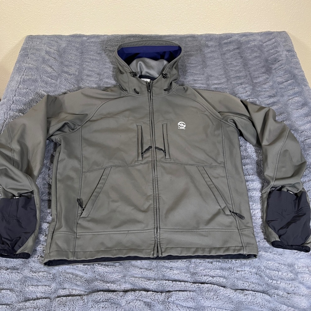 Loki Men XL Gray Softshell Jacket Hooded Full Zip Mitt-Cuffs Fleece Lined AP607